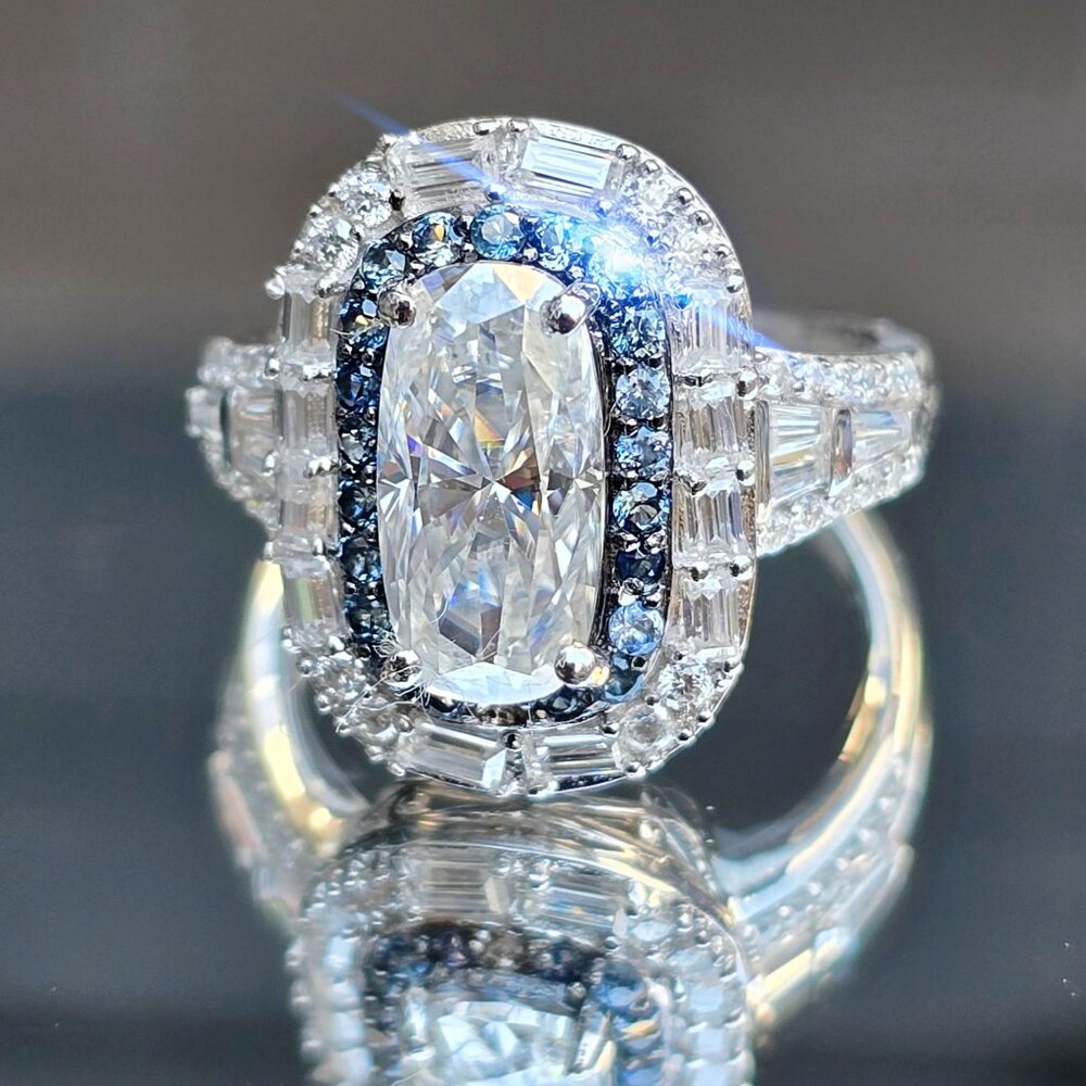 Moissanite ✦ Ceylon Blue Sapphire Art Deco Ring ✦ Rhodium Sterling Silver Sz 8
